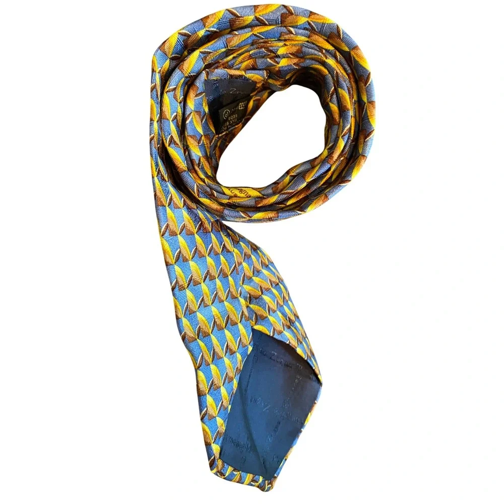 Ermenegildo Zegna Silk Tie Blue Gold‎ Geometric Abstract Made in Italy Mens